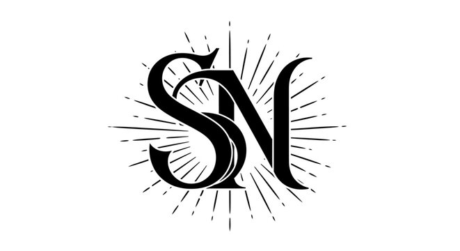 Stylized SN monogram logo with sunburst in black and white