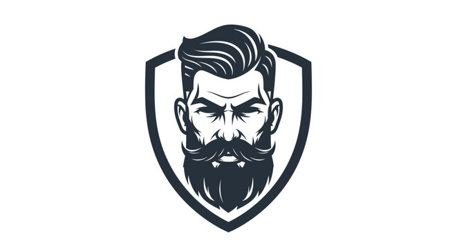 Stylized bearded man head in shield logo icon design