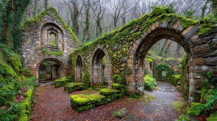 Naklejka premium Overgrown ancient stone ruins with mossy arches embraced by a mystical forest setting