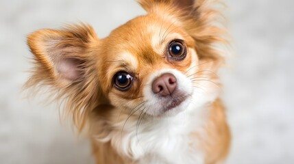 Obraz premium Close-up portrait of a cute long-haired chihuahua dog looking up with big expressive eyes.
