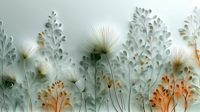 AI-generated image of a high-key flora bas relief in white, green and orange
