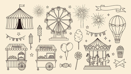 Vintage amusement park and summer carnival elements featuring ferris wheel carousel circus tent popcorn and fireworks hand-drawn vector illustration doodle art © Kanon Islam