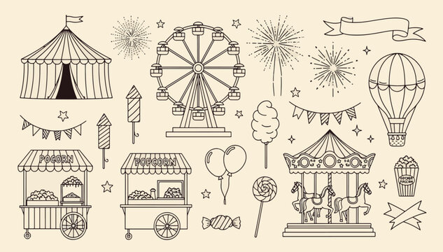 Vintage amusement park and summer carnival elements featuring ferris wheel carousel circus tent popcorn and fireworks hand-drawn vector illustration doodle art