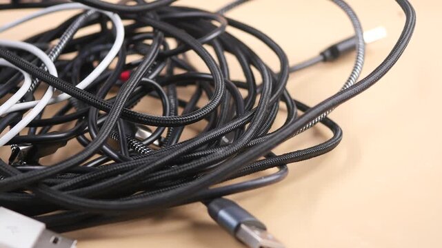 A close up shot of a messy pile of black and white charging cables with usb plugs, showing tangled wires and connectors in disarray