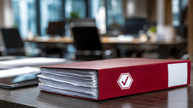 A thick red binder filled with papers sitting on a wooden desk.

