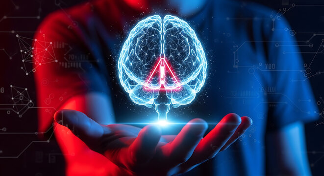 Digital brain with red triangle exclamation warning sign floating over open hand representing mental health or system hazard