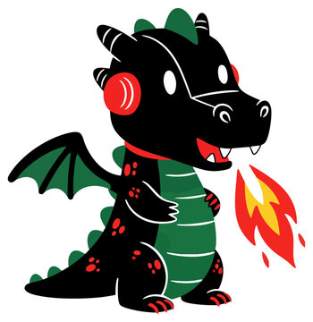 Cute Black Dragon Character Wearing Headphones and Spitting Fire