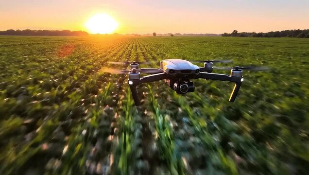 Cinematic aerial footage of a drone flying low over a green agricultural field at sunset.