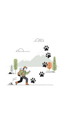 Fototapeta premium Illustrative Nature Exploration With Animal Tracks And Hiker