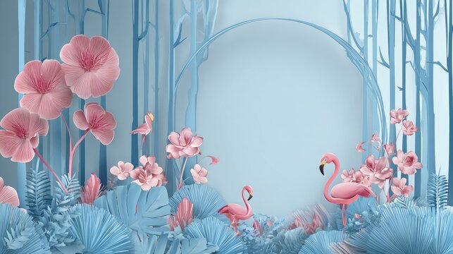 Stylized tropical scene features pink flamingos and oversized blossoms set against a light blue forest backdrop with a central circular frame