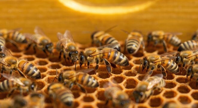 Close-up of honeybees on a honeycomb, working inside a hive