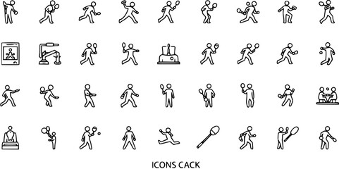 Fototapeta premium Tennis Icons: Dynamic Action Poses of Athletes Playing Table Tennis and Badminton in Outline Style
