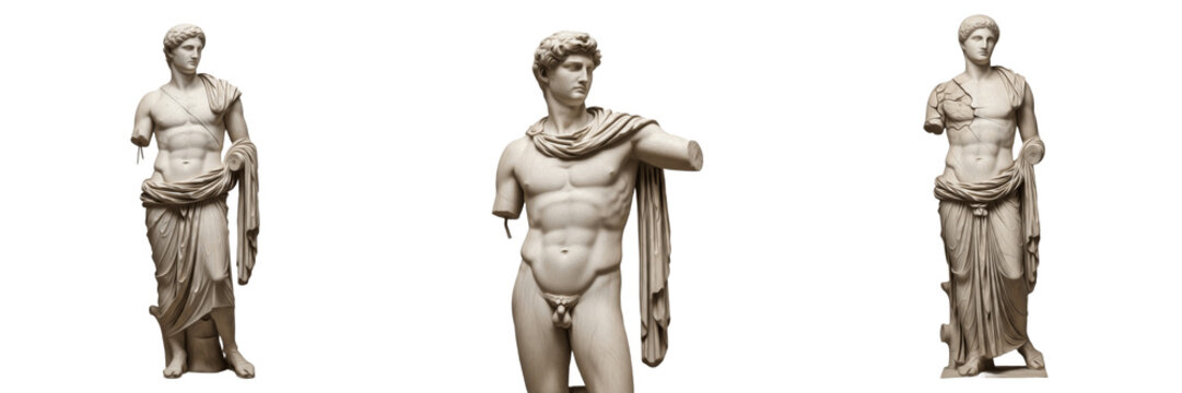 Ancient Greco-Roman Marble Statues of Men, Classical Sculptures of Athletic Figures with Robes and Drapery, Hellenistic Museum Replicas, Isolated On White Background.