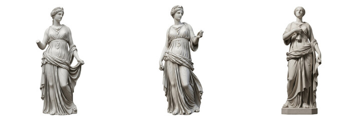 Fototapeta premium Collection of Full-Body Classical Marble Statues, Greco-Roman Goddesses and Veiled Women in Draped Robes, Hellenistic Art Museum Replicas, Isolated On White.