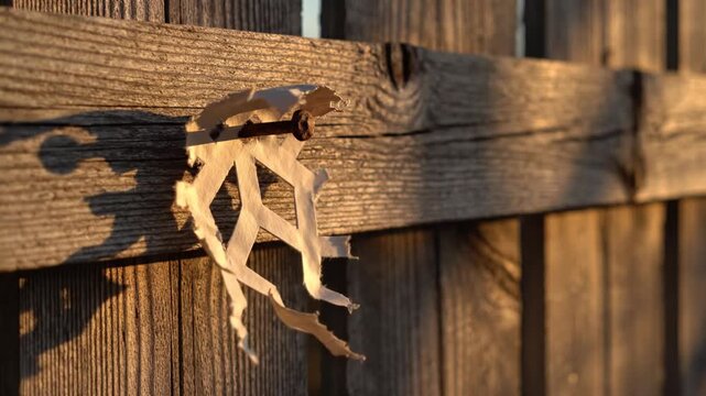 A lone weathered paper bracket hangs from a rusted nail on old wooden boards