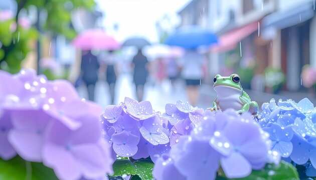 雨に濡れる紫陽花と傘をさして街を歩く人々　日本の梅雨の日常風景