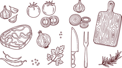 Fresh raw kitchen ingredients and cooking tools featuring beef steak vegetables herbs knife and board hand drawn vector illustration doodle art © Kanon Islam