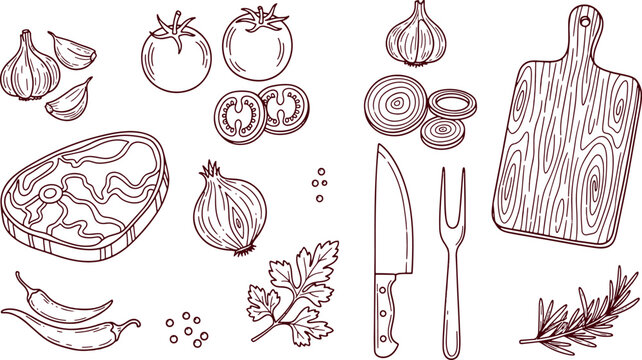 Fresh raw kitchen ingredients and cooking tools featuring beef steak vegetables herbs knife and board hand drawn vector illustration doodle art