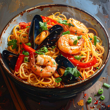 Delicious gourmet Italian pasta dish featuring spaghetti noodles with shrimp and seafood served on a white plate with tomato sauce and fresh green herbs for a healthy tasty lunch