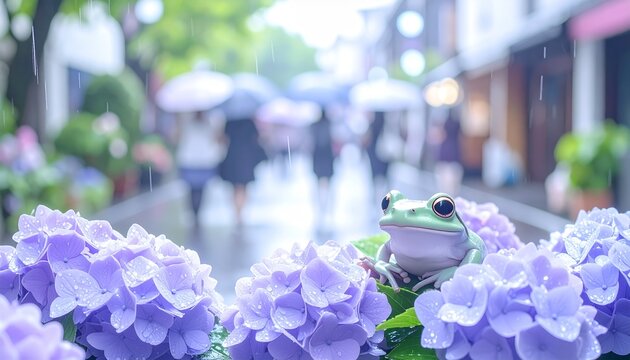 雨に濡れる紫陽花と傘をさして街を歩く人々　日本の梅雨の日常風景
