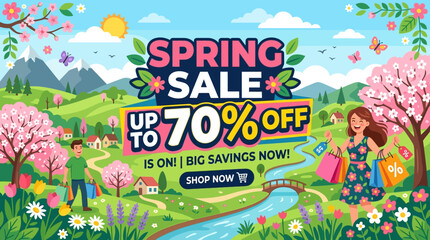 Obraz premium Spring Sale Banner with Up To 70% Off and Happy Customers