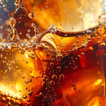 A fresh macro closeup of an orange juice splash and water drops on a yellow background creates a cold liquid texture with golden bubbles and a wet pattern