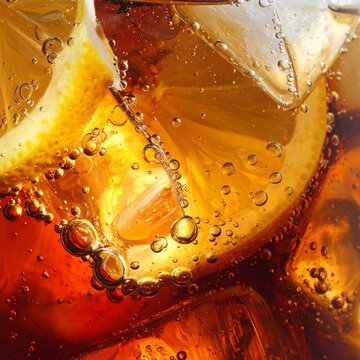 A macro close-up shot of a cold glass of lager featuring fresh yellow liquid with bubbly froth and drops of water for a refreshing alcoholic beverage