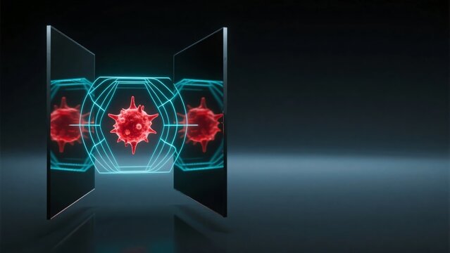 デジタルパネルの間に浮かぶ青いワイヤーフレームと赤いウイルスの画像