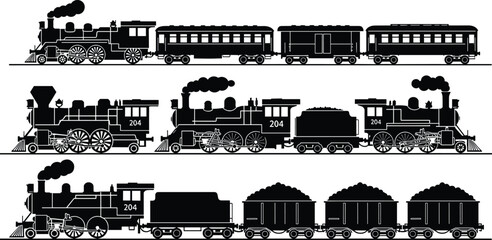 Vintage steam locomotive train silhouette collection, classic railway engines and wagons vector illustration isolated black retro transport design set © Bidhanchandra
