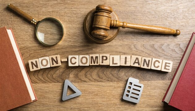 Wooden cubes spelling &ldquo;NON-COMPLIANCE" near with a gavel, magnifying glass on desk