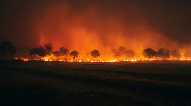Nighttime Wildfire Engulfs Field and Trees Under Ominous Smoky Sky