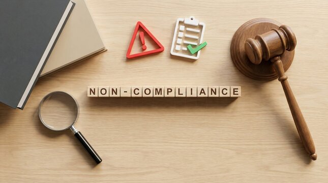 Wooden cubes spelling &ldquo;NON-COMPLIANCE" near with a gavel, magnifying glass on desk
