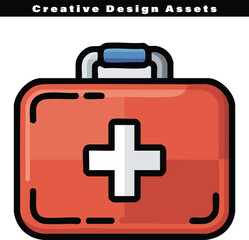 Fototapeta premium A flat vector illustration of a medical first aid kit box with a white cross on a red background