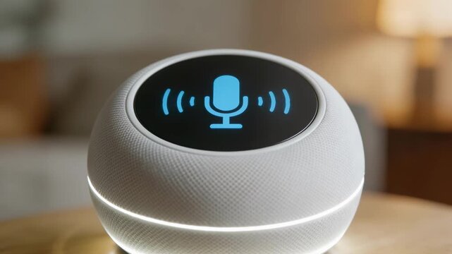 Medium shot of a smart speaker with glowing microphone icon and blurred background showcasing voiceactivated search interface and waveform animation on device screen.