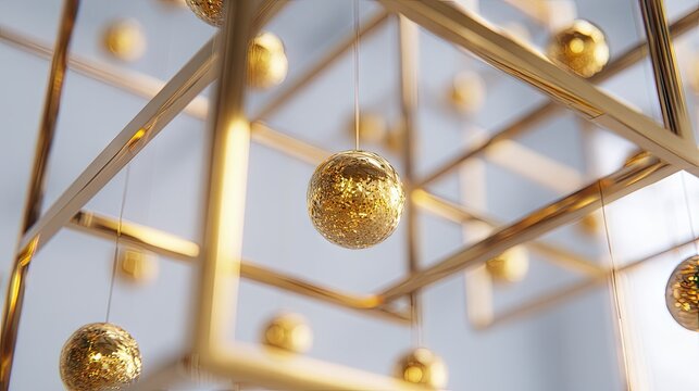Gleaming golden spheres suspend within a geometric structure of polished metal beams