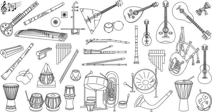 Traditional Musical Instruments Line Art Set Including Flute Sitar Tabla Dhol Pan Flute Bagpipes Lute Mandolin and Folk Orchestra Instruments for Cultural Music Vector Designs