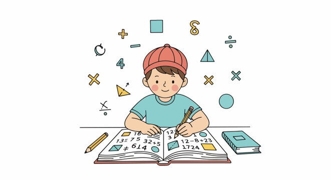 Young boy studying mathematics, doing homework surrounded by various math symbols and geometric shapes, symbolizing education, learning, and problem-solving.
