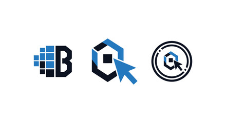 Digital Branding and Online Selection Icons: Pixelated B, Hexagon Click, and Circle Cursor © filterJU
