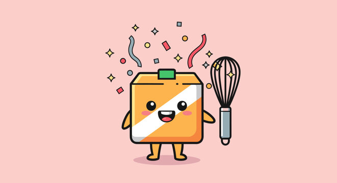Happy cartoon kitchen mixer character with whisk.