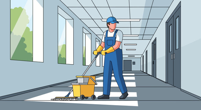 Janitor Moping A Hallway With A Bucket And Mop Cart