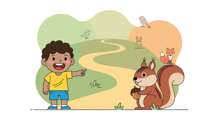 Fototapeta premium Joyful Boy And Woodland Friends Exploring Nature Together Outdoors