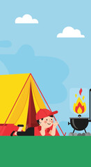 Fototapeta premium Joyful Child Camping Adventures Outdoors Beside Fiery Campfire and Cozy Tent