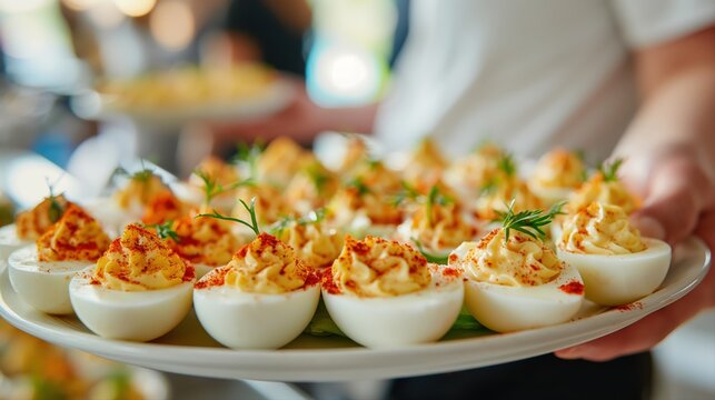 Elegant Deviled Eggs Platter Garnished with Paprika and Herbs for Easter Festivities