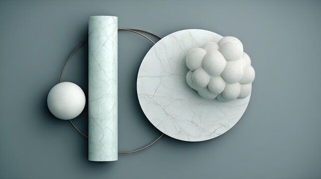 Sophisticated composition of abstract geometric shapes rendered with varied material textures