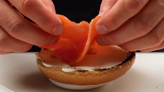 Close up of hands preparing a smoked salmon bagel with cream cheese