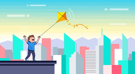 Obraz premium Joyful Child Flying Kite Above Stylized Cityscape During A Bright Day