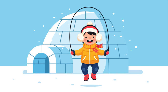 Joyful Child Jumping Rope Outside Arctic Igloo During Winter Snowfall