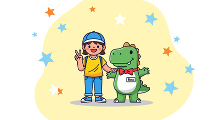 Fototapeta premium Joyful Child Poses With Friendly Dinosaur Pal For Fun Adventures And Childhood Memories