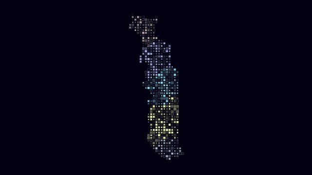 Togo animation. Shape of the country with pulsating colored dots. Small size square blocks. Digital style map on dark background. Amazing video.