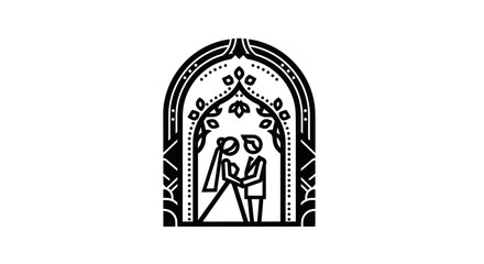 Obraz premium Stylized Wedding Icon: Couple Under Archway with Floral Elements